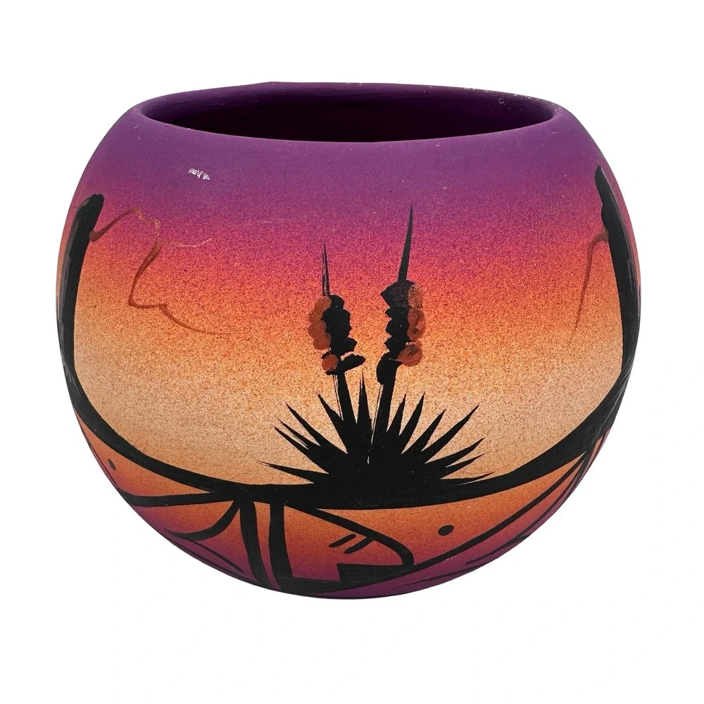 Jay Navajo‎ Hand Painted Purple Orange Desert Sunset Seed Pot Pottery Vase 4in